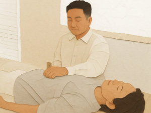 仰向けの女性のおなかにやさしく手を当てる整体施術