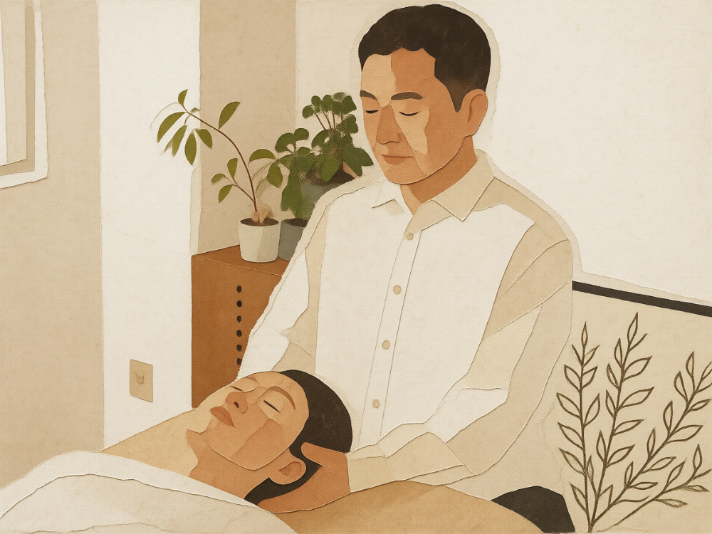 仰向けでやさしく触れる整体を受ける女性